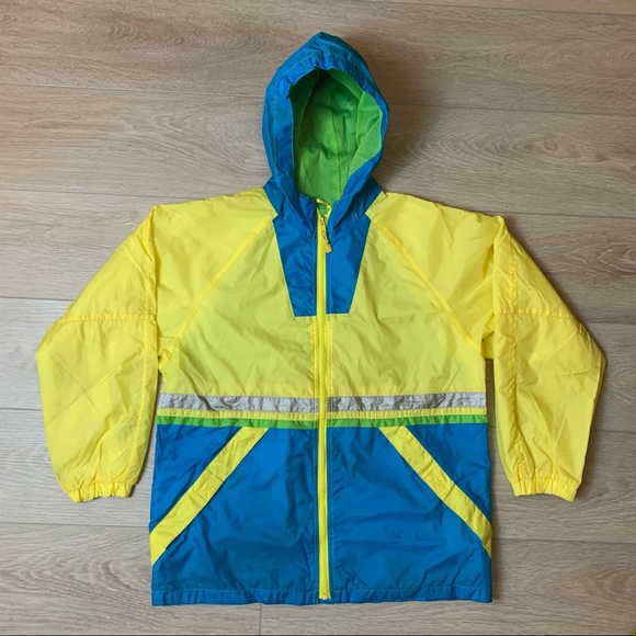 Retro Spring Windbreaker Jacket Current Seen Bright Yellow + Blue - Picture 1 of 10